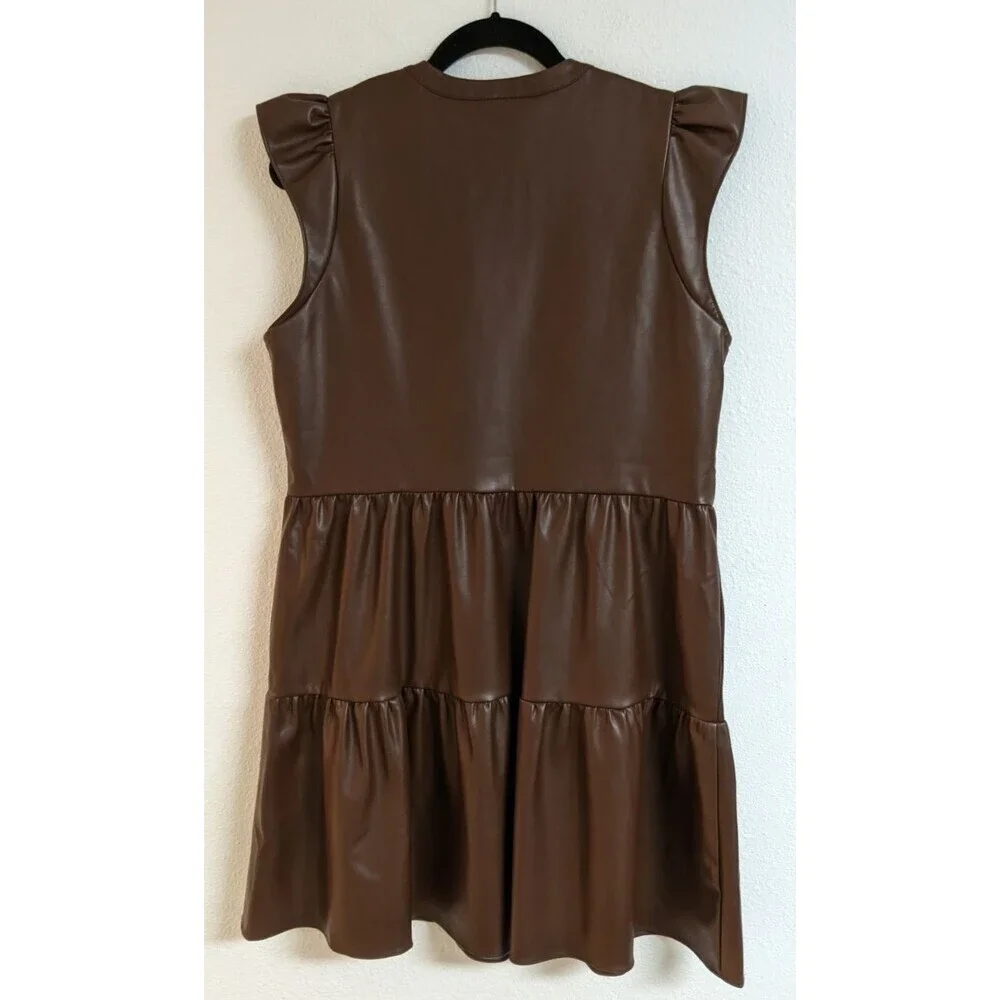 NEW~Women's EVEREVE Ella Brown Faux Leather Tiered Shift Dress M - Picture 4 of 12